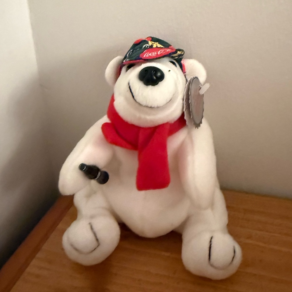 NWT Coca Cola Polar Bear in Checker Cap and Scarf